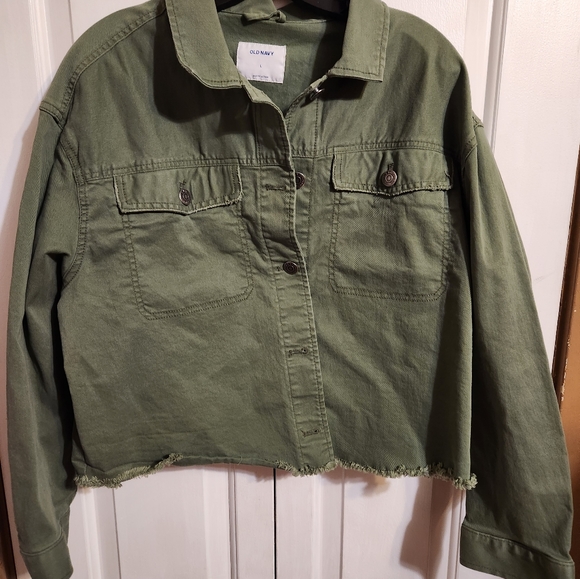 Old Navy Army Green Denim Jean Jacket Trucker Size L Button Front - Picture 1 of 2